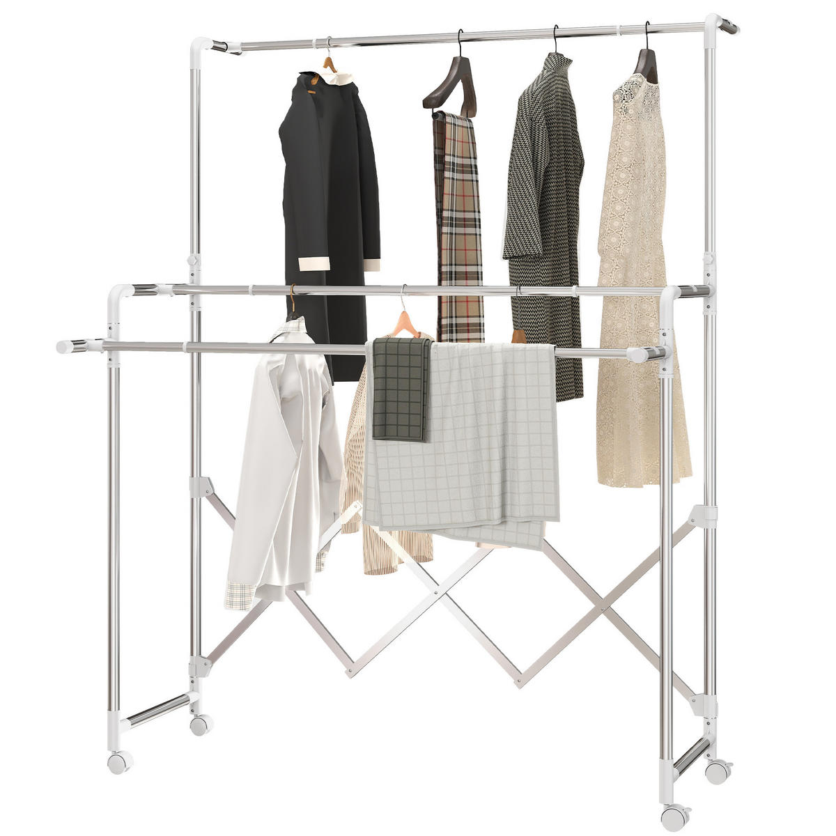 WÄSCHESTÄNDER Silberfarben ausziehbar mit Rollen - Silberfarben, Metall (150/197/103cm) - PANGIVO