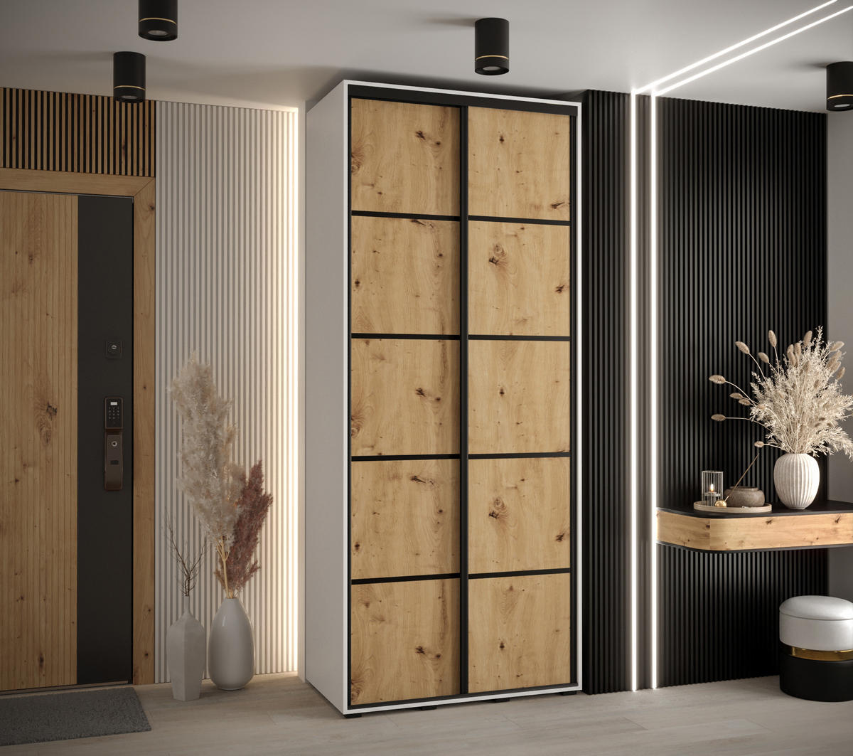 SCHWEBETÜRENSCHRANK 235,2/100/60 2-türig - Schwarz/Weiß, Holz/Metall (100/235/60cm) - Abiks Möbel