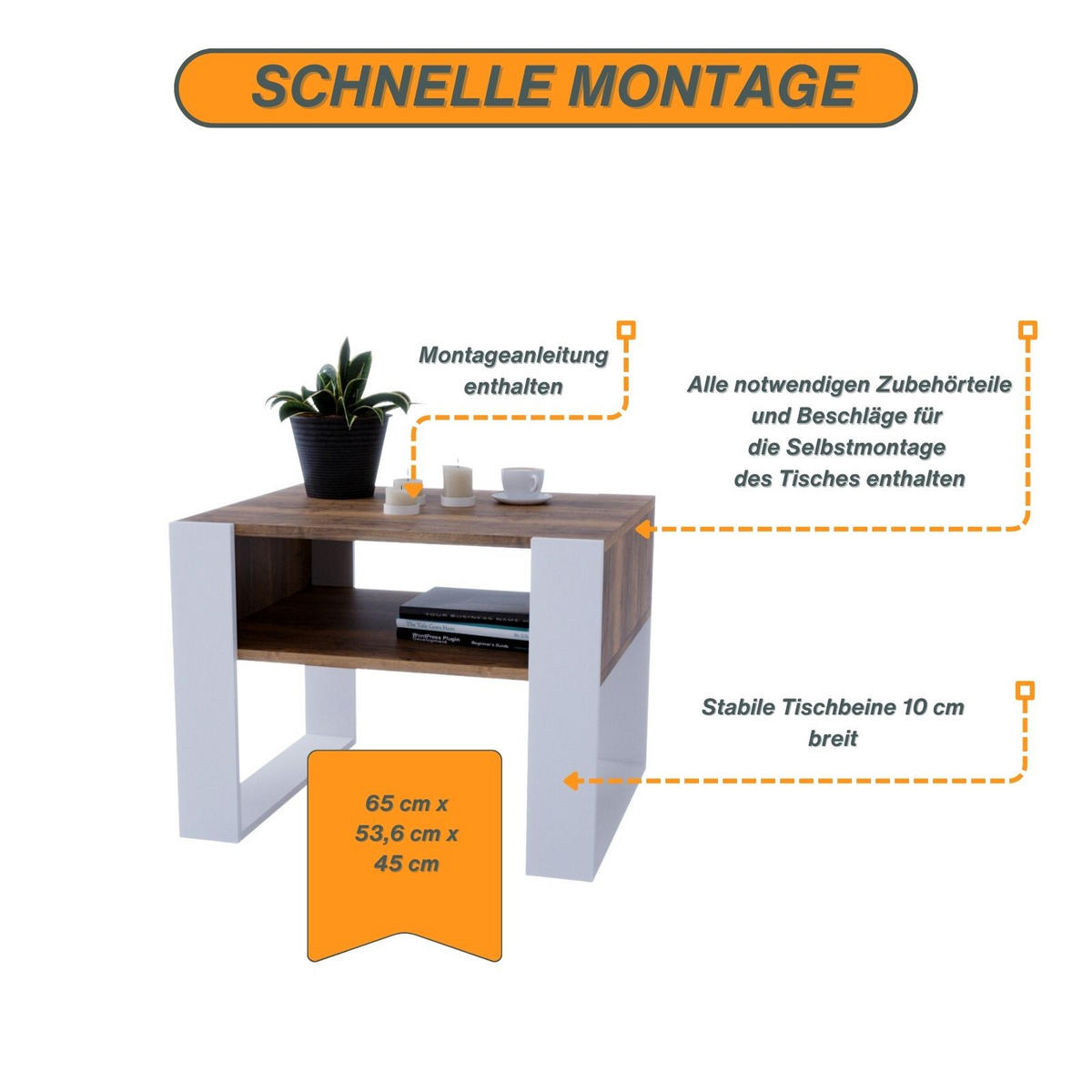 COUCHTISCH Holzwerkstoff rechteckig stabil Nussbaumfarben 45/53,6/65cm - Nussbaumfarben/Weiß, Holzwerkstoff (53.6/65/45cm) - CraftPAK