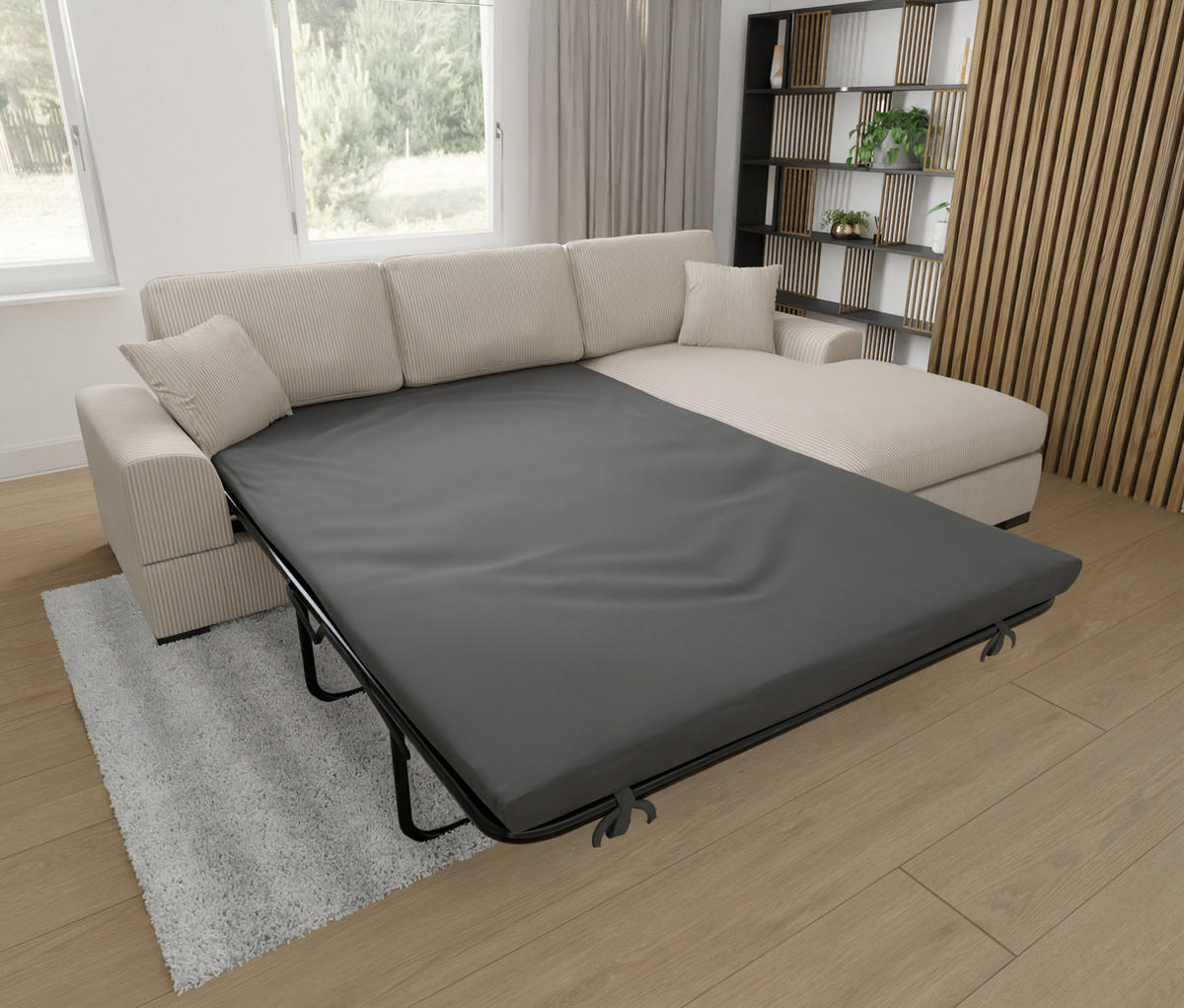 ECKSOFA Saga Beige Cord - Beige/Schwarz, Holz/Buchenholz (306/184cm) - S-Style Möbel