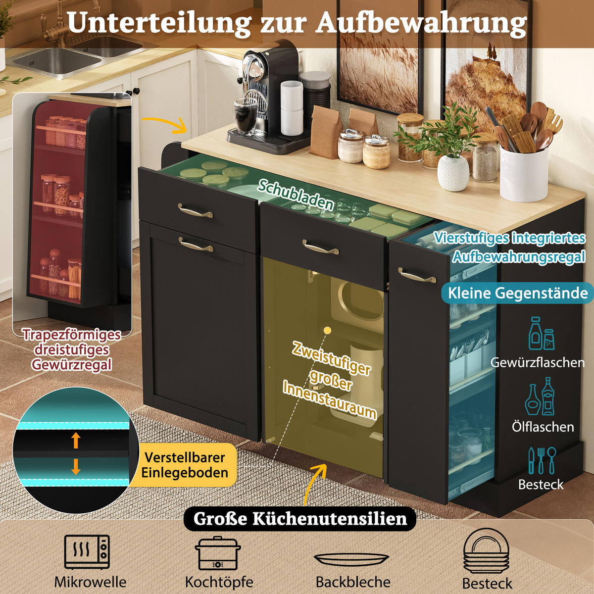 SIDEBOARD mit Abfallfach, Gewürzregal und Schubladen, Schwarz - Schwarz, Holzwerkstoff (133.5/86/40cm)
