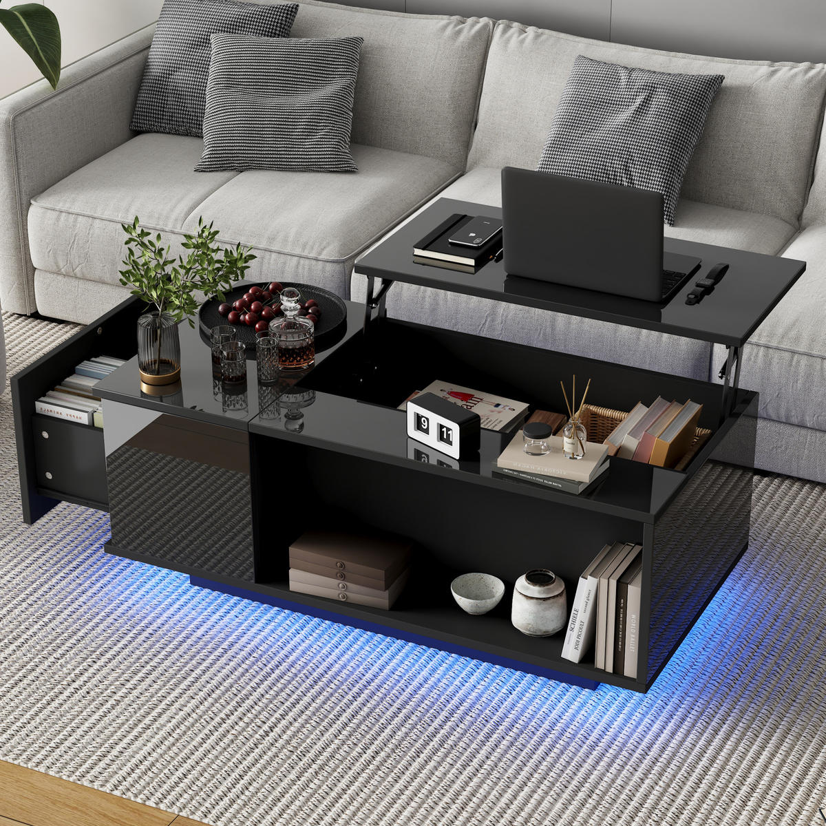COUCHTISCH höhenverstellbar 100 x 50 x 40 cm Schwarz mit Stauraum - Schwarz, Holzwerkstoff (100/50/40cm) - Meubliv