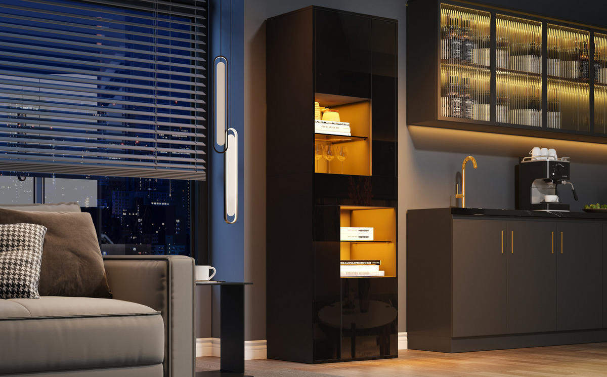 VITRINE 55/38/170 cm in Schwarz mit LED-Beleuchtung und Hochglanzfront - Schwarz, Holzwerkstoff (55/170/38cm) - Flora Grace