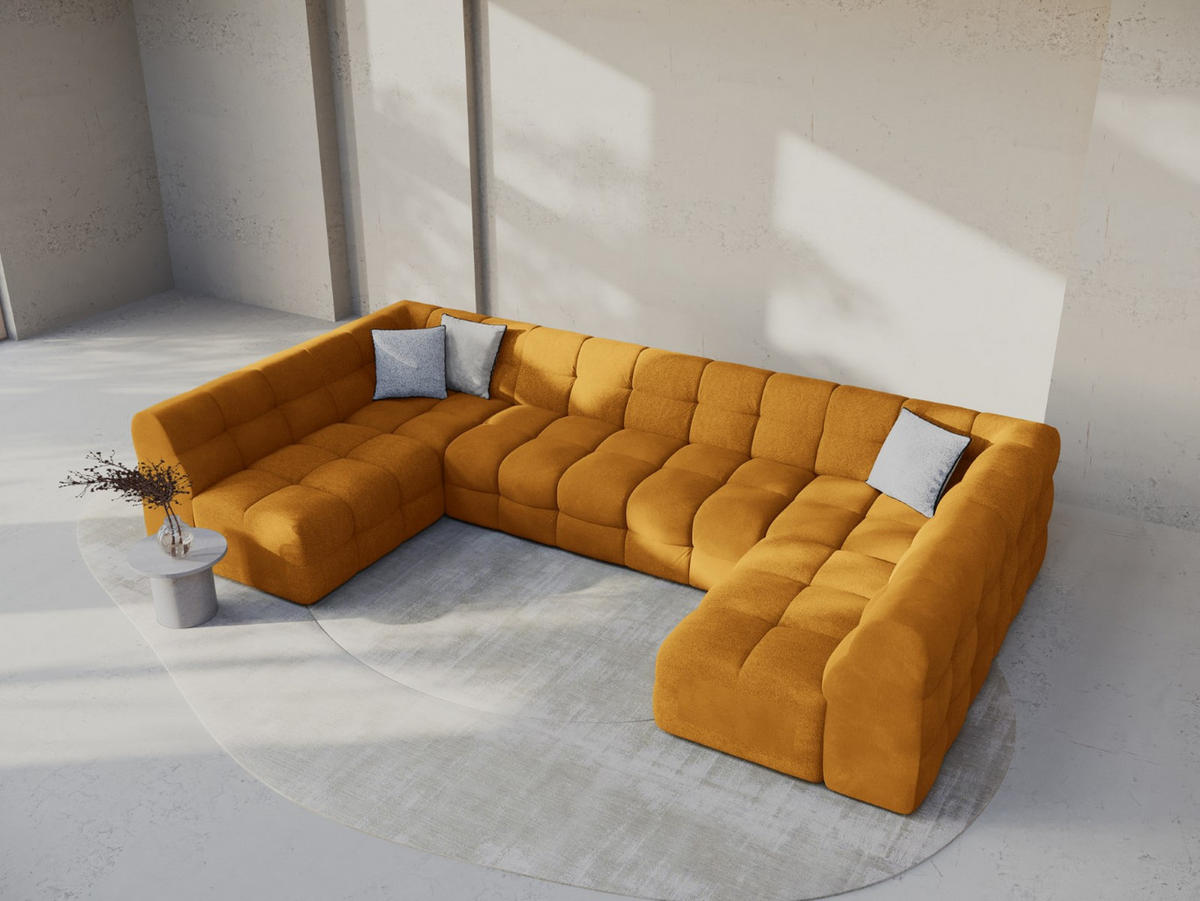 PANORAMASOFA Kendal aus Samt senf 7 Sitzplätze - Dunkelgelb, Textil (203/79/372cm) - Micadoni