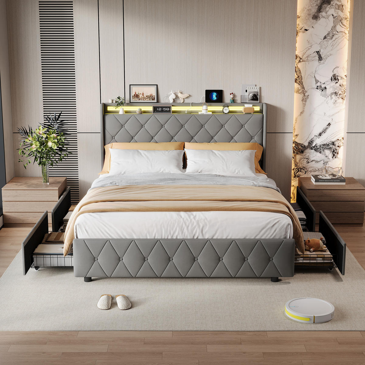 POLSTERBETT 140x200 cm mit 4 Schubladen, LED, USB & Type-C, Doppelbett Kopfteil und Lattenrost, Grau - Grau, Metall (140/200cm) - EuroLiving