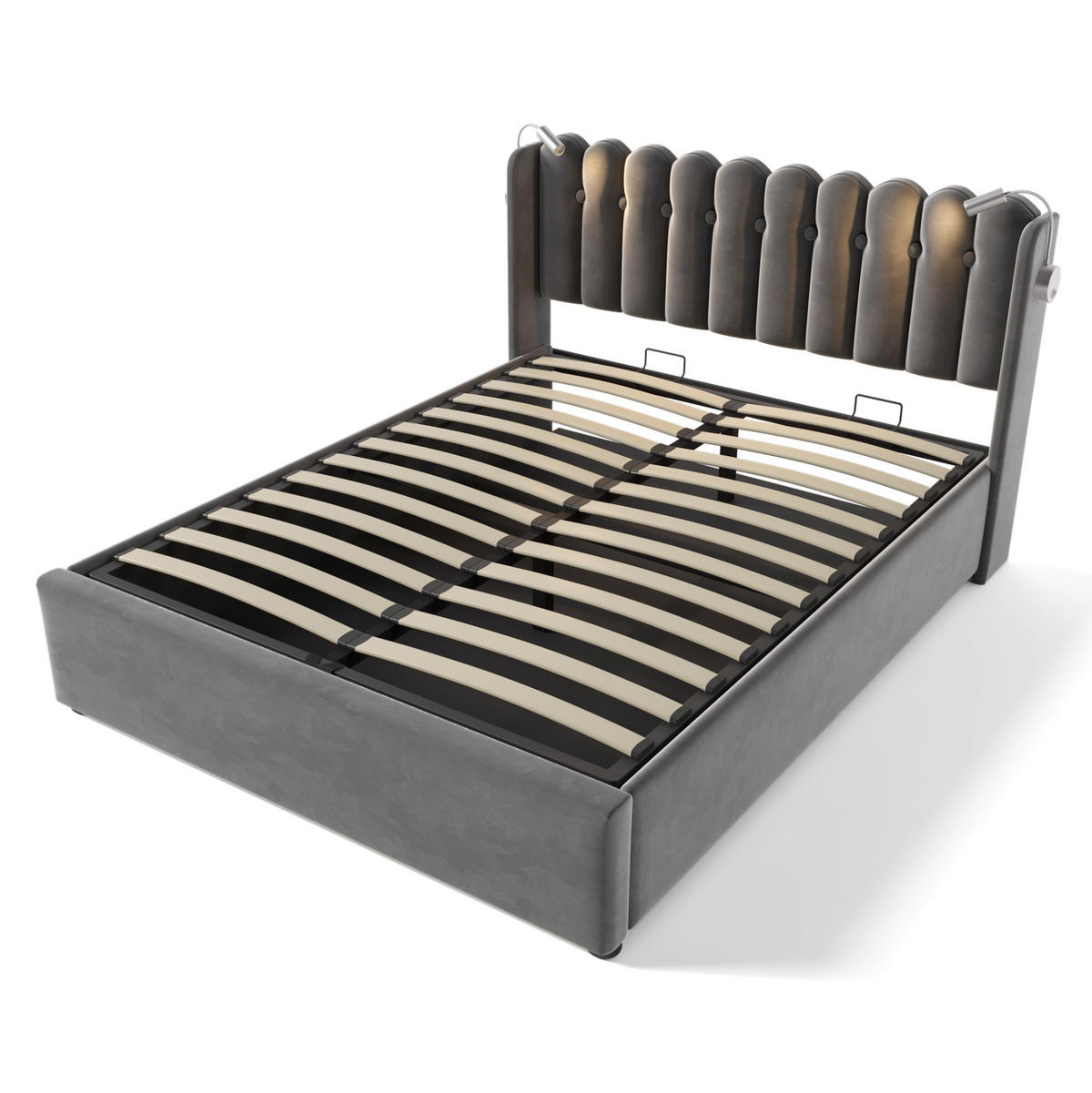 POLSTERBETT 160/200 cm Grau aus Samt mit Bettkasten - Grau, Textil (160/200cm) - OKMYHOME