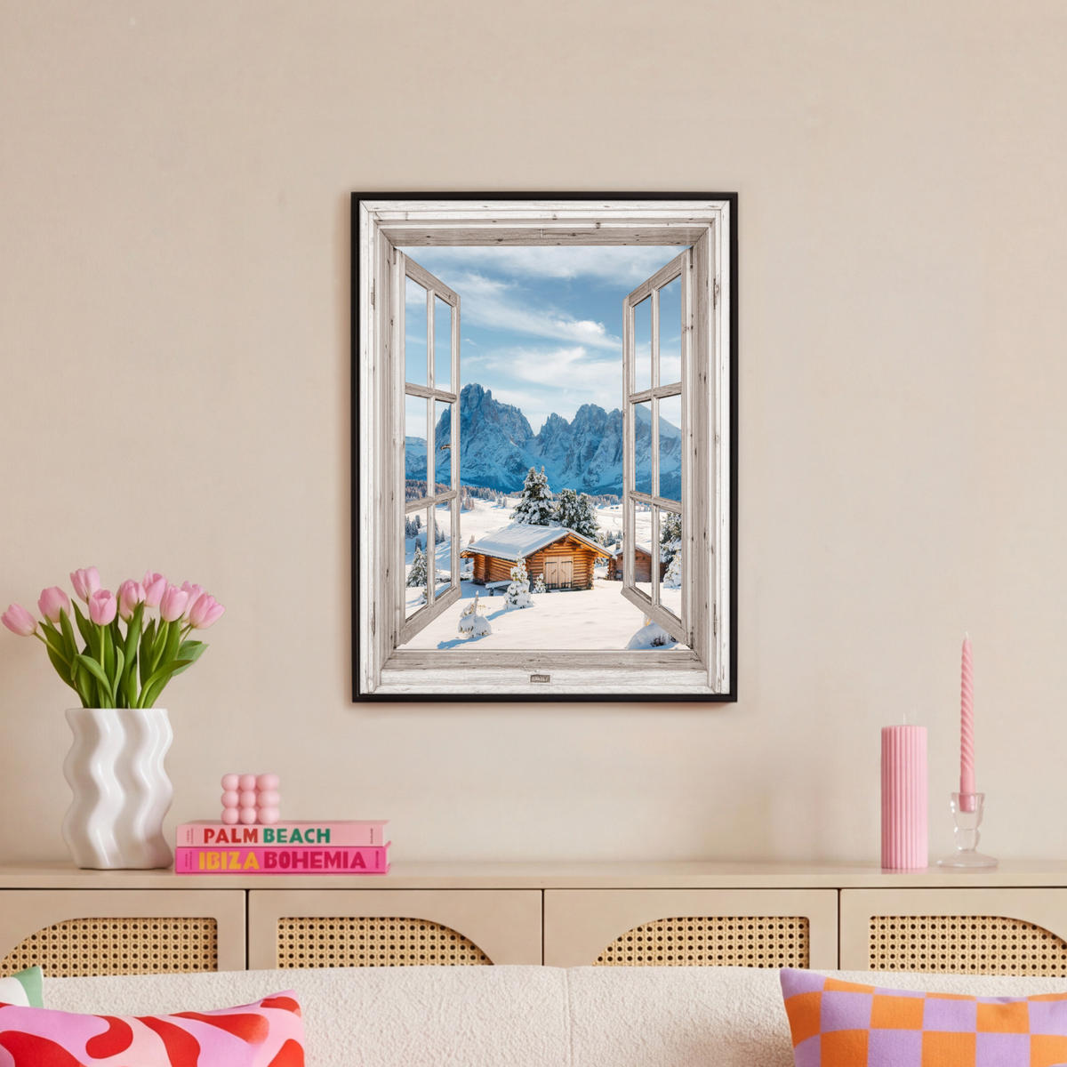 LEINWAND Bilder mit Rahmen - Winterlandschaft - Hütte - Berge - Ausblicke - Aussicht - Natur - 50x70 - Weiß Hochglanz, Textil (50/70cm) - MuchoWow