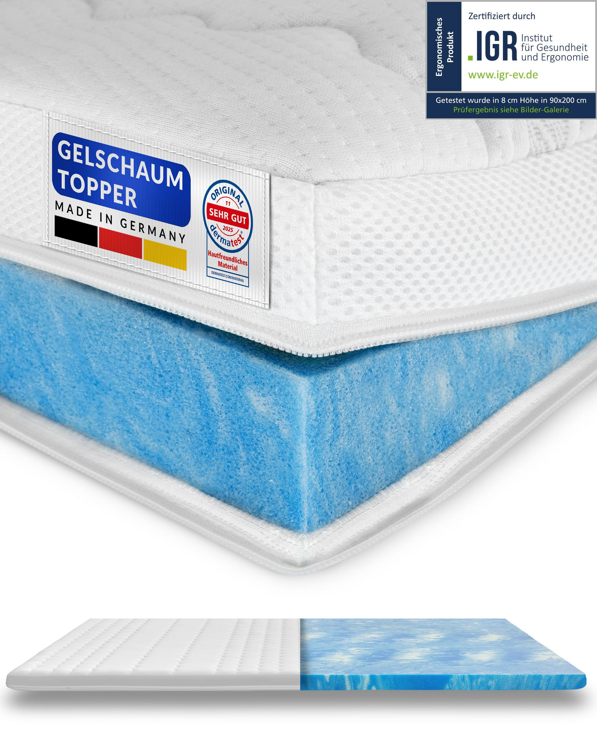 GELSCHAUM TOPPER 180/200 cm - 8cm Höhe & Tencel Bezug - Weiß, Textil (180/200cm) - AM Qualitätsmatratzen