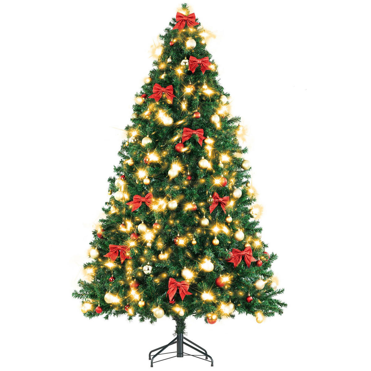 SET WEIHNACHTSBAUM MIT LICHTERKETTE ,pulverbeschichteter Metallständer mit Kunststoffkappen,grün - Grün, Kunststoff (230cm) - tectake