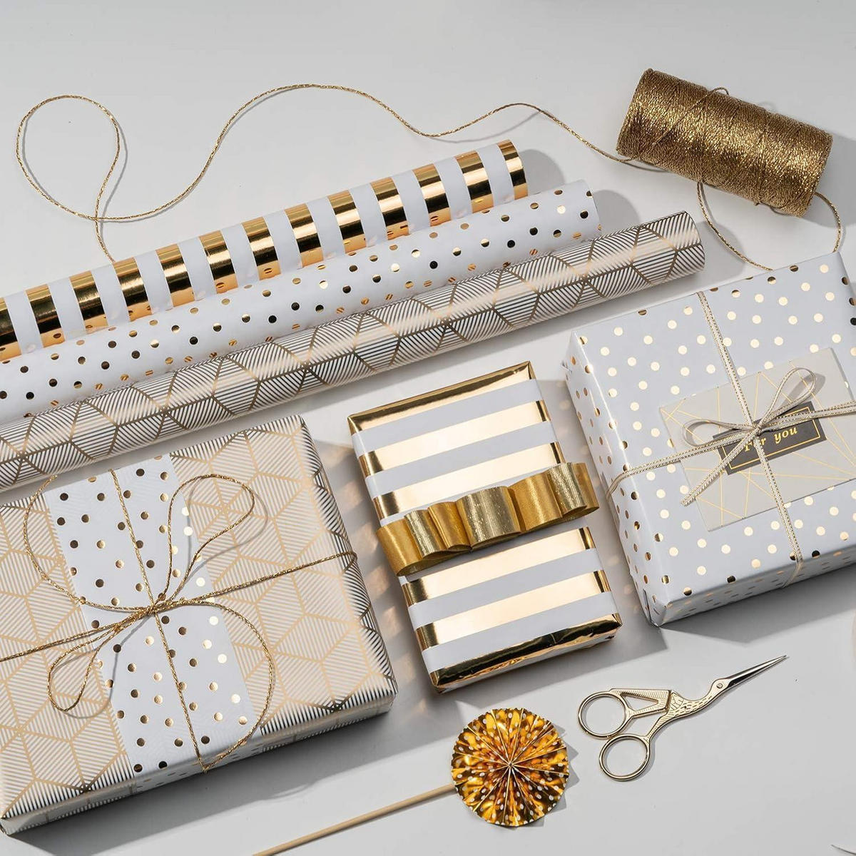 GESCHENKPAPIER 3-teiliges Set Gold/Weiß 43,2 cm x 3,05 m - Multicolor, Papier (43.2/43.2/43.2cm)
