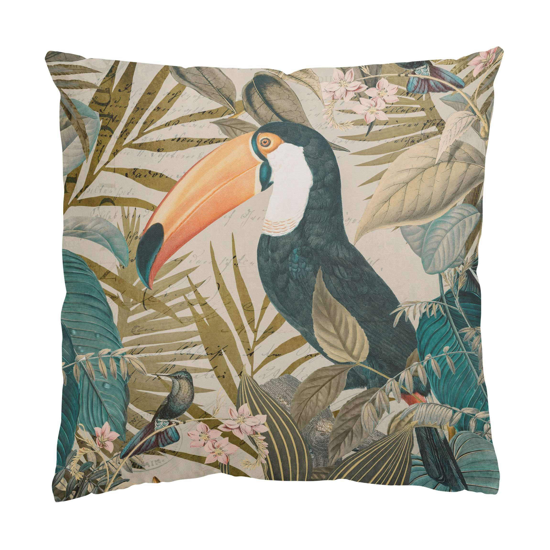 DEKOKISSEN Vintage Collage - Tukan im Dschungel 40/40 cm - Türkis, Textil (40/40/10cm) - Bilderwelten