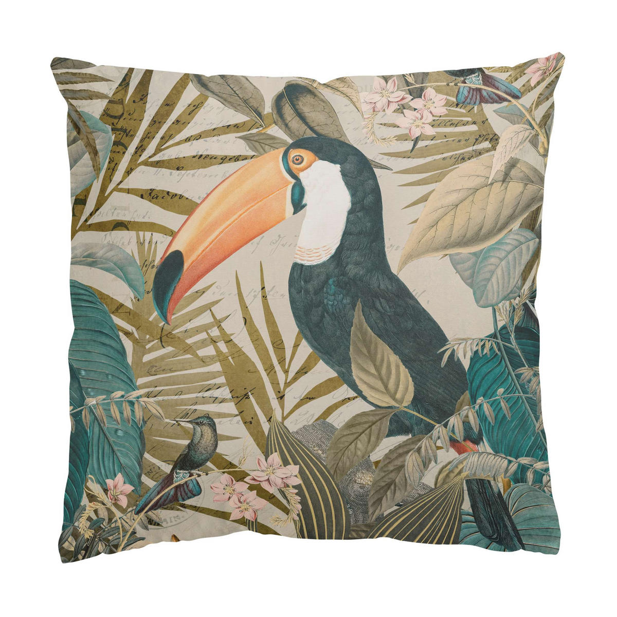 DEKOKISSEN Vintage Collage - Tukan im Dschungel 40/40 cm - Türkis, Textil (40/40/10cm) - Bilderwelten