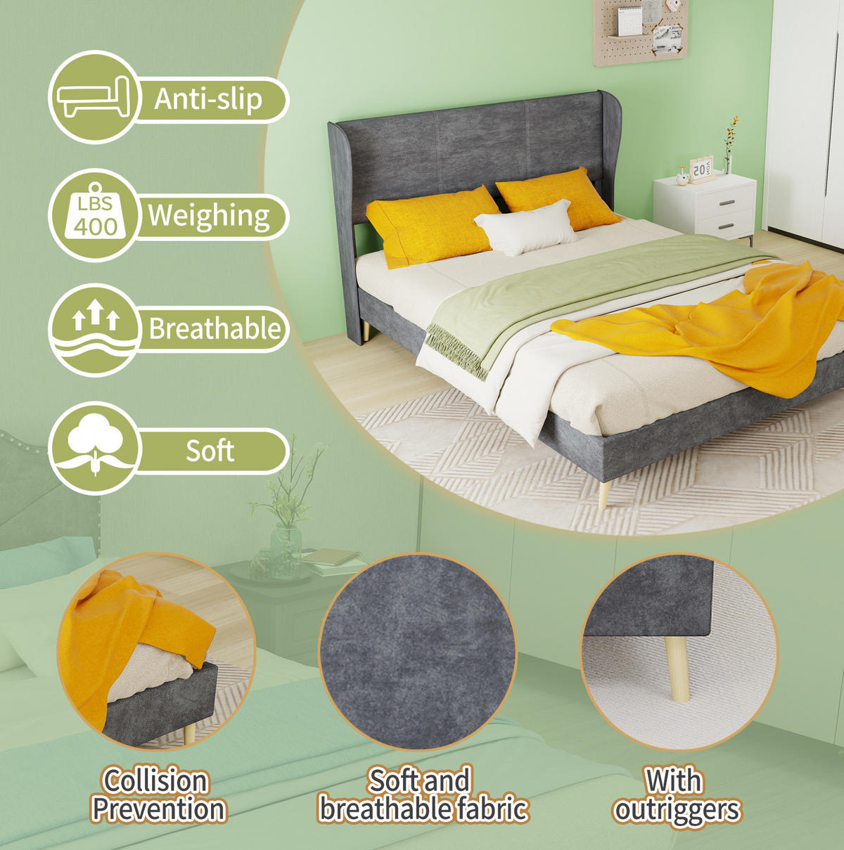 POLSTERBETT 140/200 cm mit gepolstertem Kopfteil und Matratze, Grau - Grau, Textil (140/200cm) - Redom