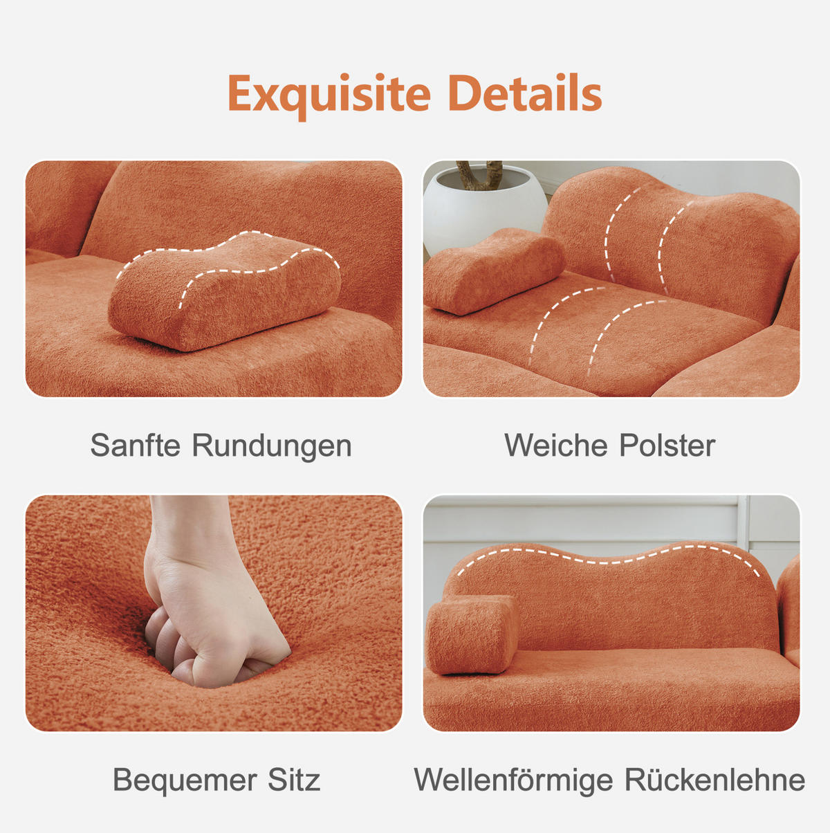 SOFA in Orange aus Samt mit Wellenform und tiefem Sitzkomfort - Orange, Textil (98/70/384cm) - Flora Grace