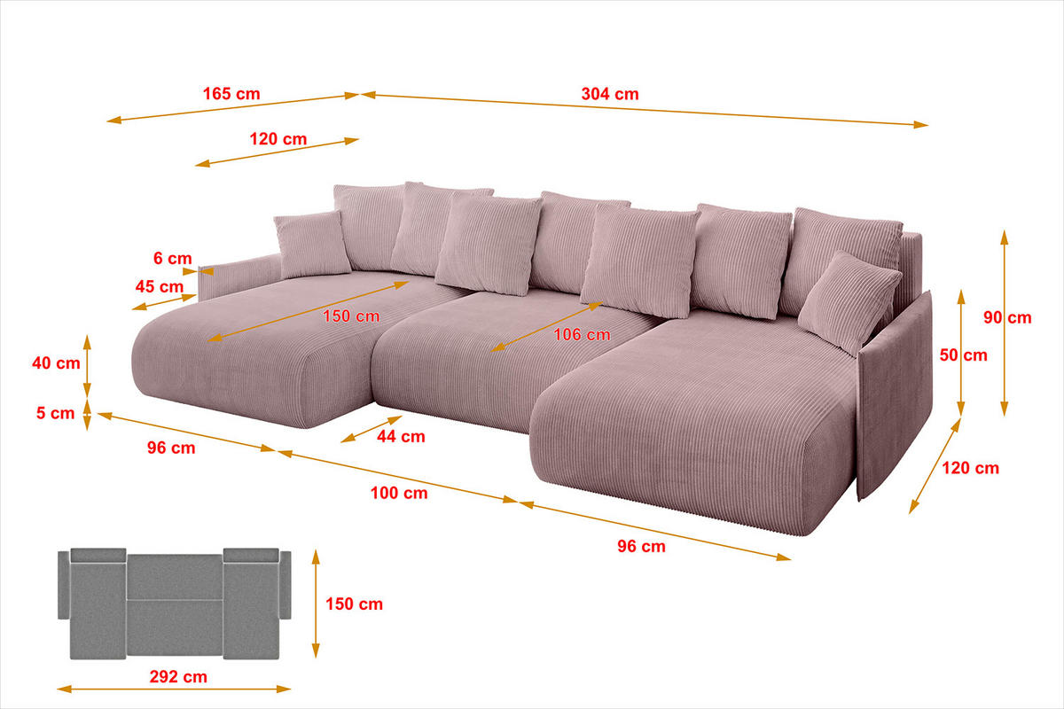 WOHNLANDSCHAFT mit Schlaffunktion und Bettkasten ONESK-U-v1 304x165x40 Rosa Cord - Rosa, Holzwerkstoff/Kunststoff (304/90/165cm) - ALTDECOR