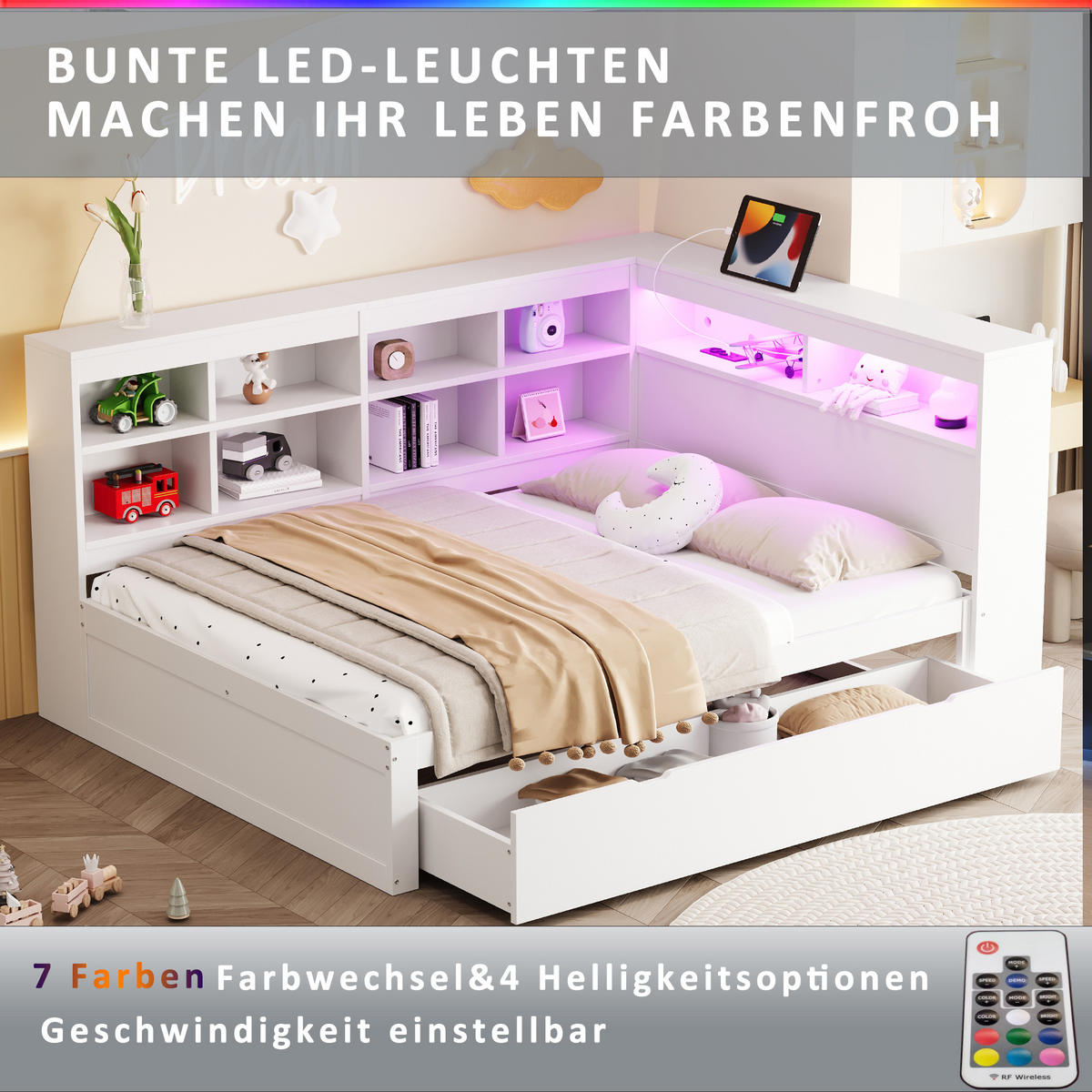 MULTIFUNKTIONSBETT 140/200 cm mit großem Stauraum und USB-Anschluss - Weiß, Holz (140/200cm) - OKWISH