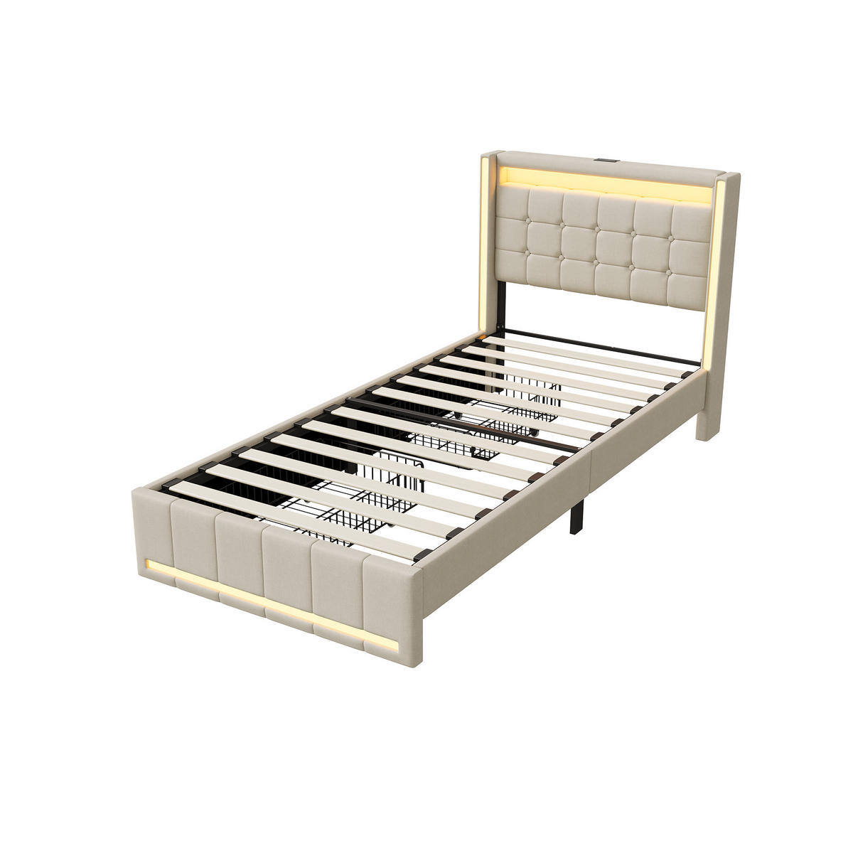 POLSTERBETT 90x200 cm Beige mit LED, Stauraum-Kopfteil & 2 Schubladen - Beige, Holz (90/200cm)