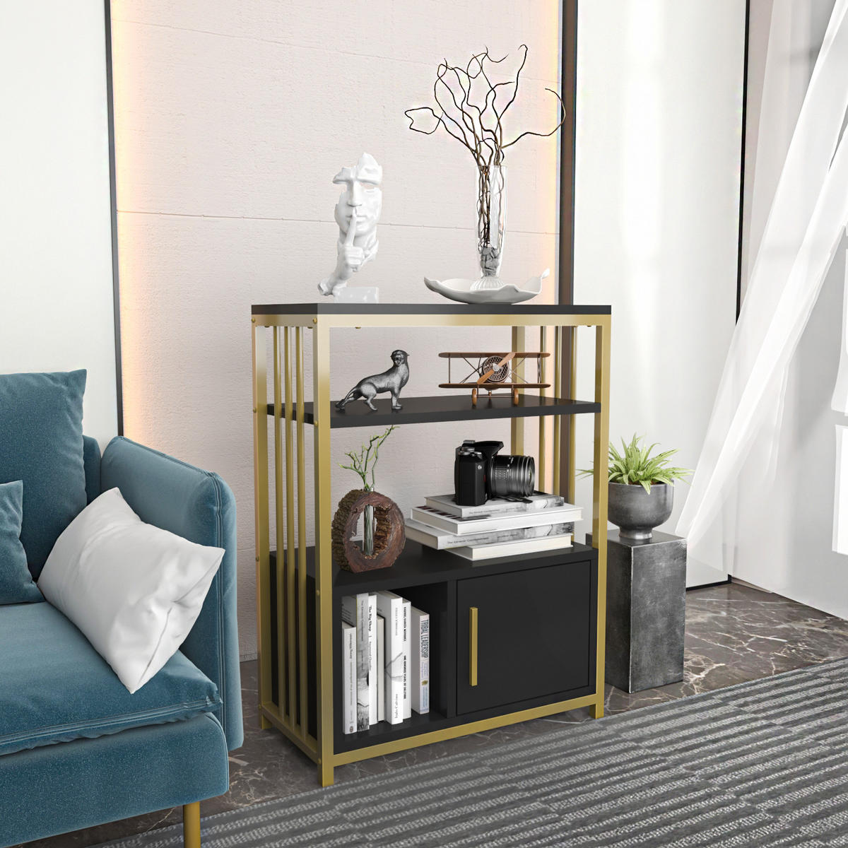 BÜCHERREGAL Letos Anthrazit Gold - Goldfarben/Schwarz, Holzwerkstoff (29.6/80/60cm) - Decorotika