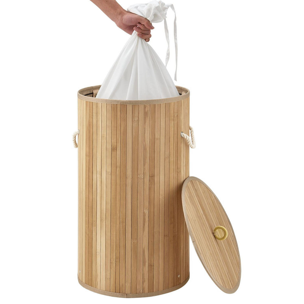 WÄSCHEKORB Curly-Round 55 L natur - Naturfarben, Holz (35/60/35cm) - Juskys