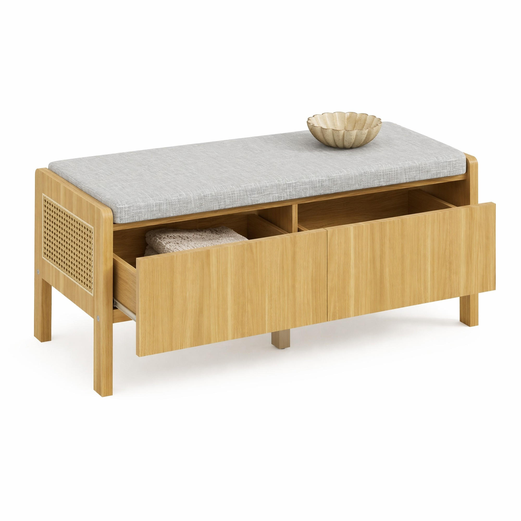SKOBÄNK i naturfärg och grå med rotting och lådor för hall, B113/D45,5/H40 cm - Naturfärgad/Grå, Glas/Träbaserade material (113/45.5/40cm) - STILVORA