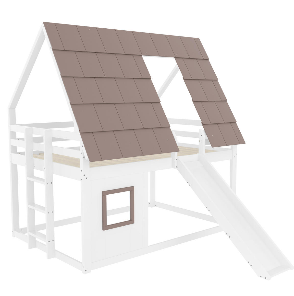 HAUSBETT 140/200 cm mit Dach und Rutsche in Weiß/Braun - Braun, Holzwerkstoff (140/200cm) - BEAOK