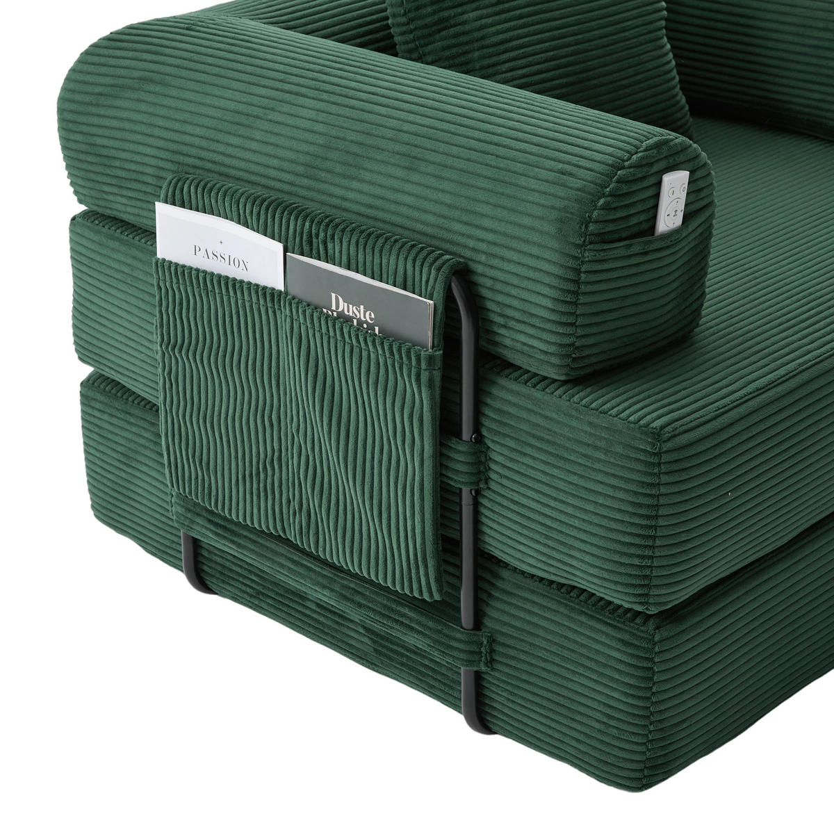 MODULSESSEL 112/190/67 cm mit Hocker, Seitentasche und Kissen aus Cord mit Metallrahmen, Emerald - Smaragdgrün, Textil (190/67/112cm) - Redom