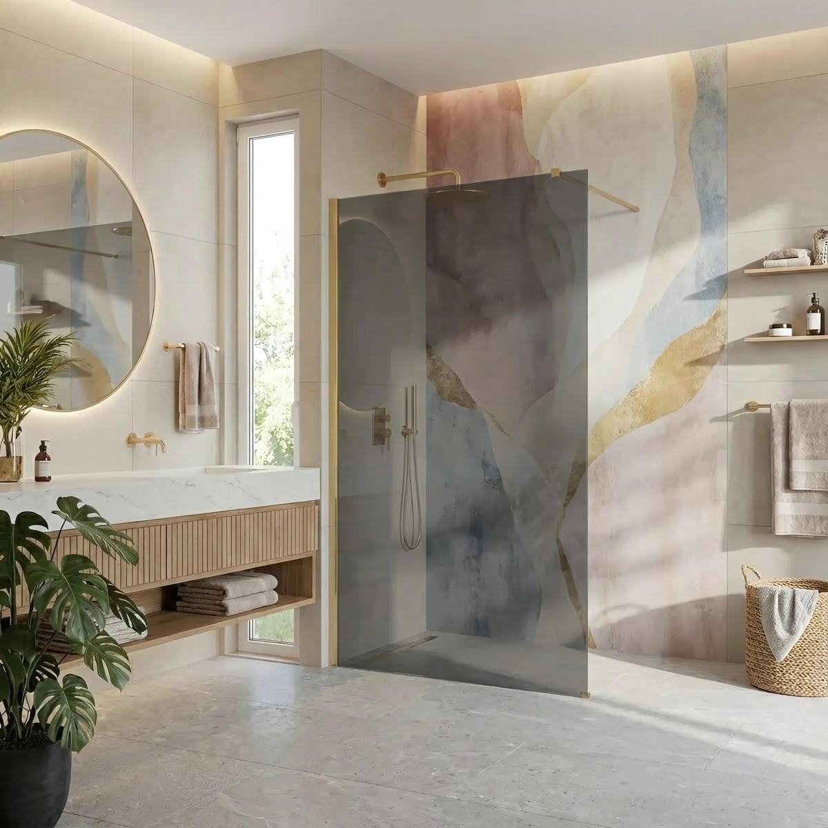 DUSCHWAND Rea Flexi Grey / Brush Gold 130 - Goldfarben, Glas (120/130/195cm) - REA