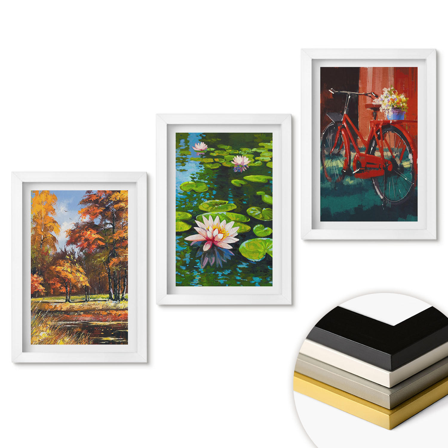 WANDBILDER 3er-Set - 20x30 cm Weißer Rahmen - Herbstfarbene Lilienterrasse - Weiß, Kunststoff (20/30cm) - ArtPrintCave