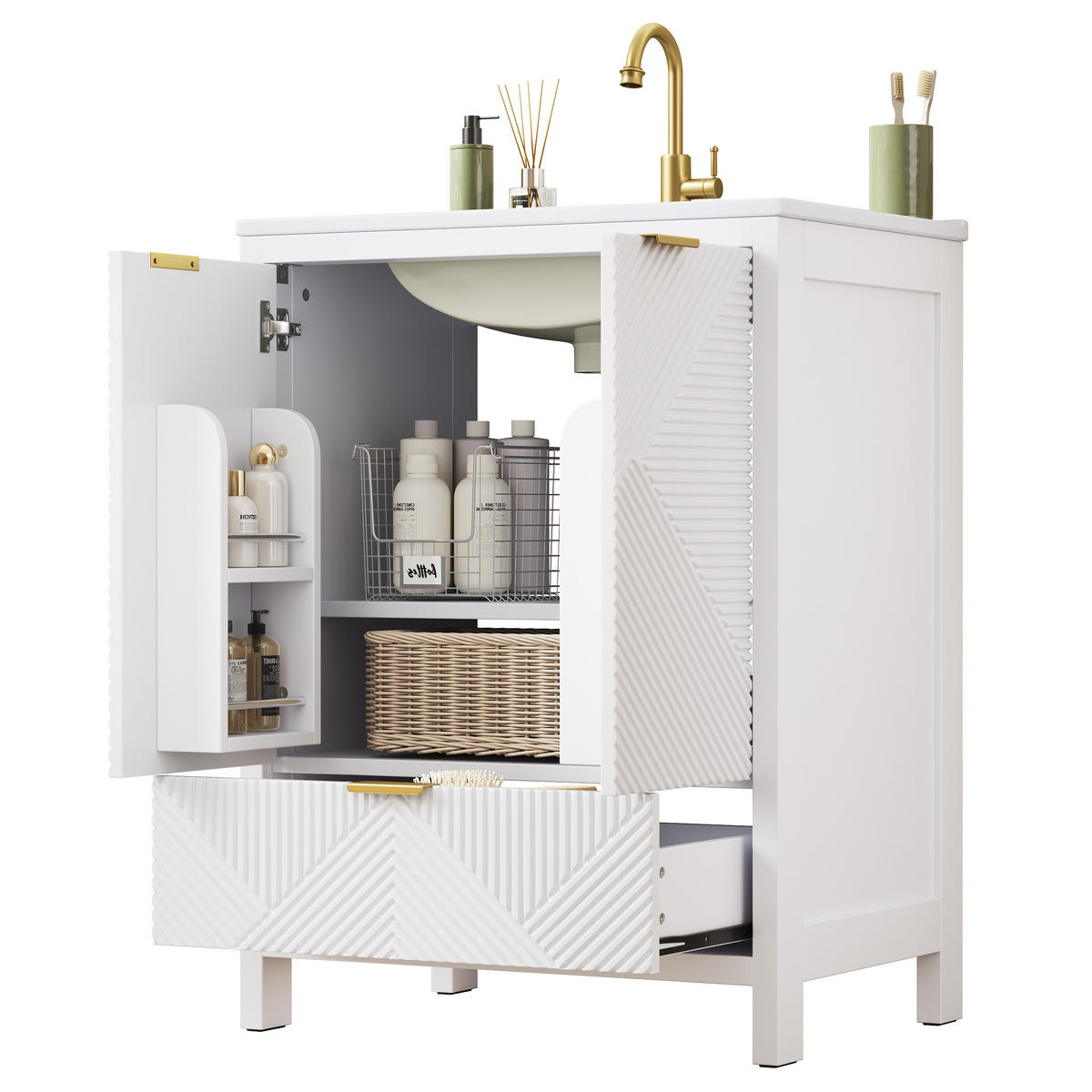 BAD-WASCHTISCHUNTERSCHRANK Weiß mit Keramikbecken - Weiß, Holzwerkstoff (61/87/47cm) - Urban Meuble