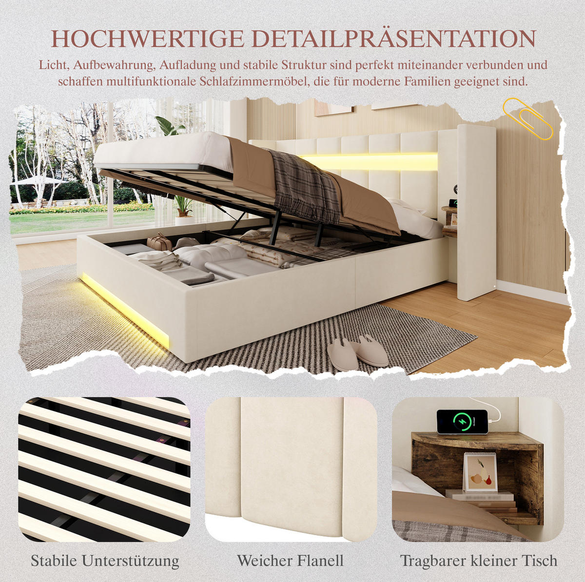 POLSTERBETT 160/200 cm mit USB-Anschlüssen, LED-Beleuchtung, Hydraulik und Stauraum, Beige - Beige, Textil (160/200cm) - Redom