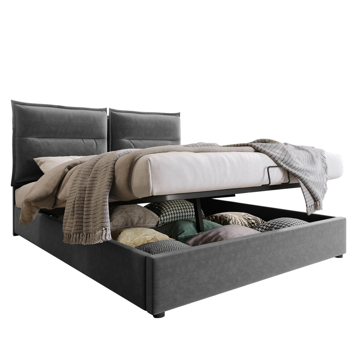 POLSTERBETT 140/200 cm Grau aus Samt mit Bettkasten und Matratze - Grau, Textil (140/200cm) - Flora Grace