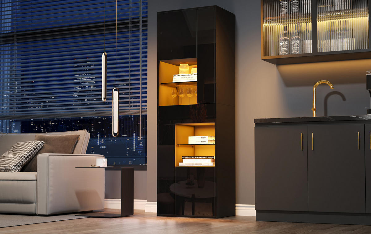 VITRINE 55/38/170 cm mit LED-Beleuchtung, Hochglanzfront und verstellbaren Einlegeböden, Schwarz - Schwarz, Holzwerkstoff (55/170/38cm) - Redom