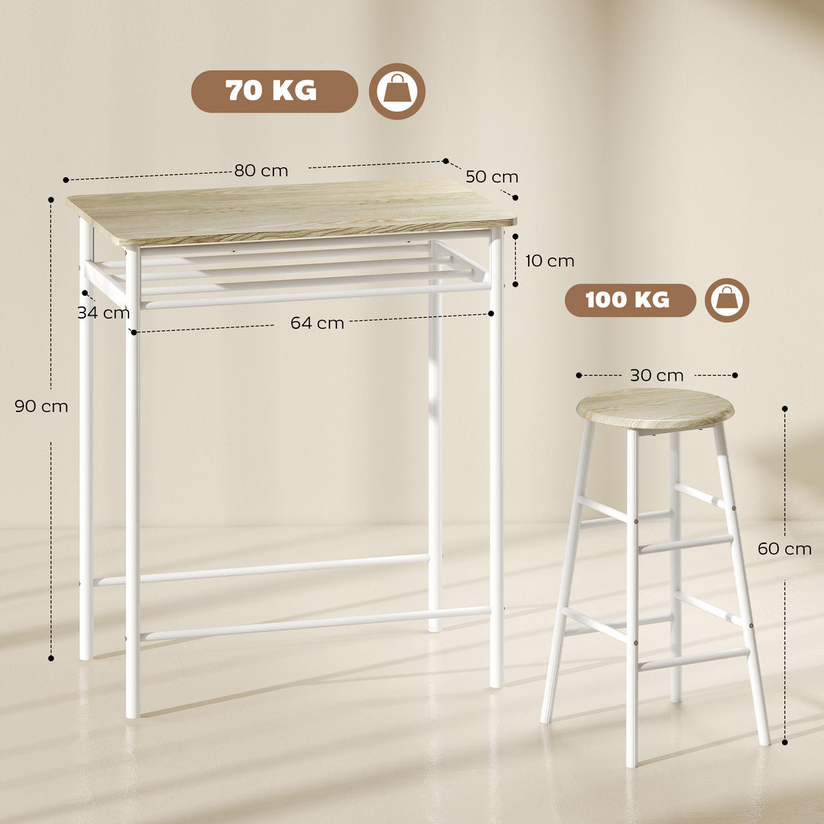 BARTISCH Set 3-teilig Küchentisch mit Stuhl Stehtisch Barhocker Stahl Weiß+Eiche - Weiß, Kunststoff (50/90/80cm) - HOMCOM