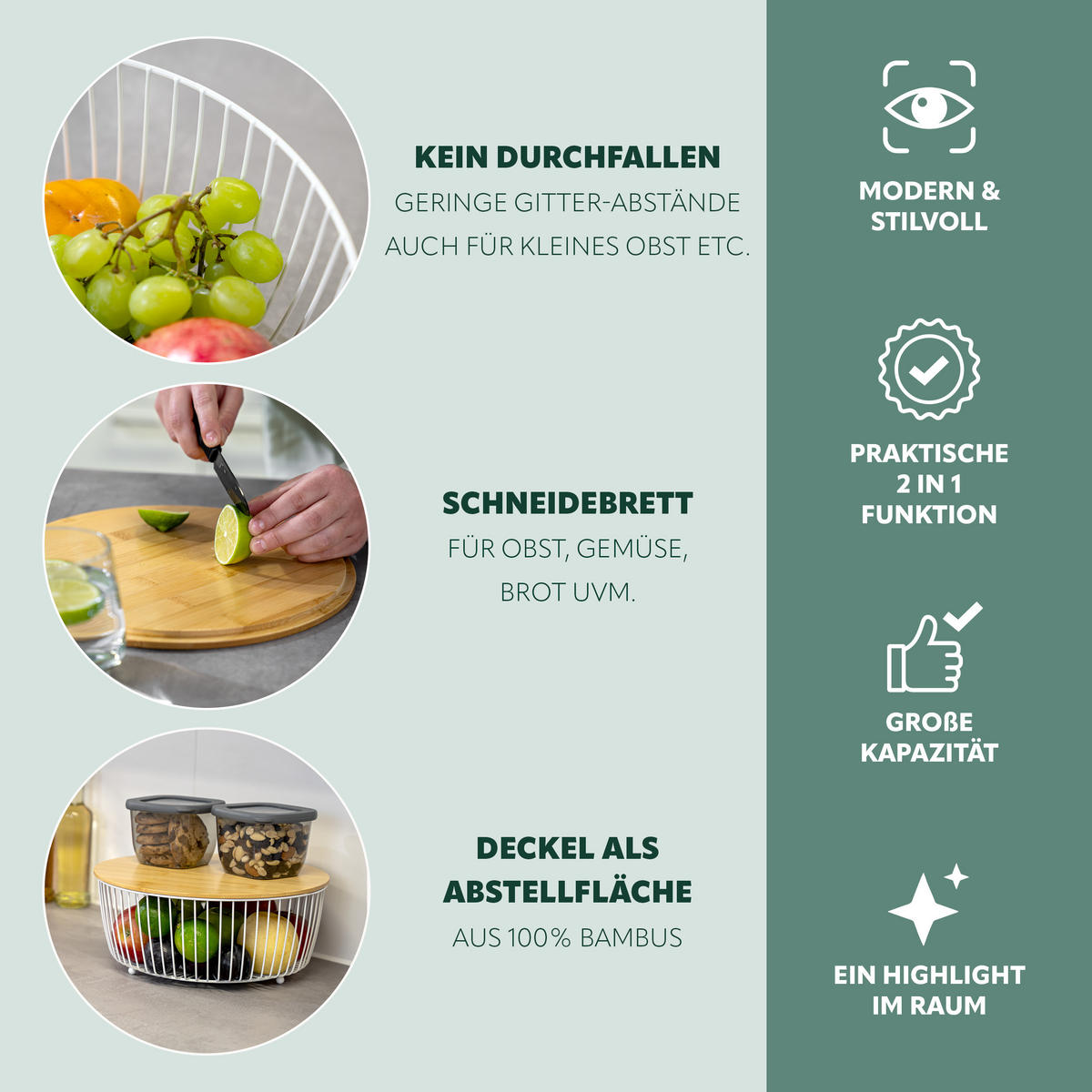 OBSTKORB mit Bambusdeckel, weiß, rund - Weiß, Metall (12.5cm) - eluno