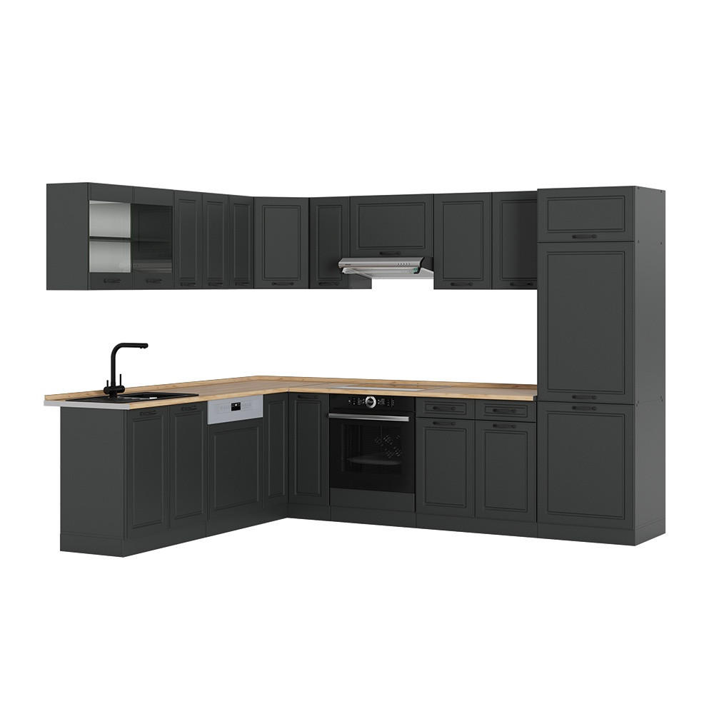 KOTNA KUHINJA R-Line, Antracitna podeželska hiša/Antracit, 287 x 227 cm, DP Hrast - antracit, leseni material (287/206.8/60cm) - Vicco