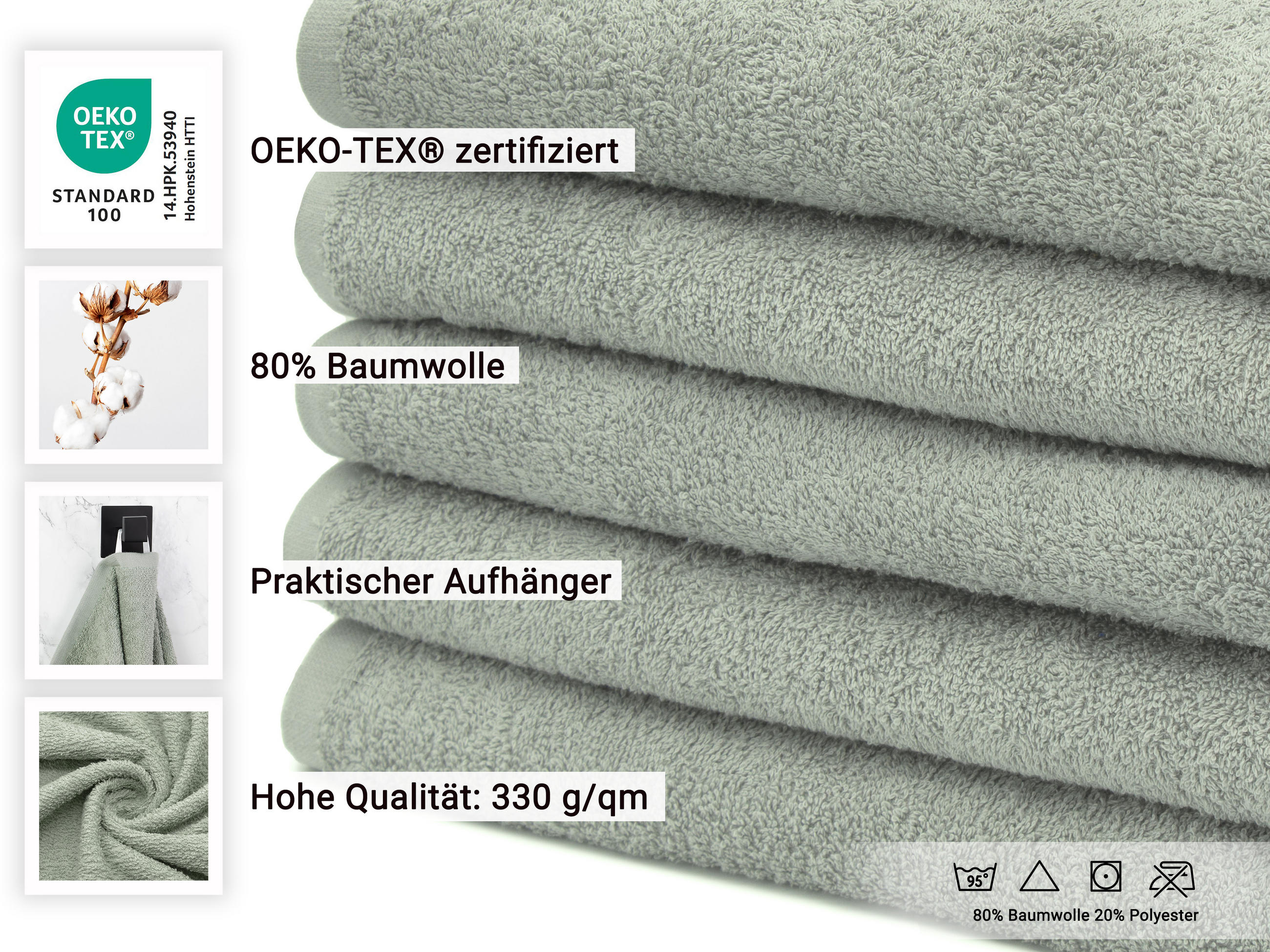 DUSCHTÜCHER, 5er-Set, 70x140 cm, 80% Baumwolle, 20% Polyester, Grau - Grau, Naturmaterialien (70/140cm) - Zollner