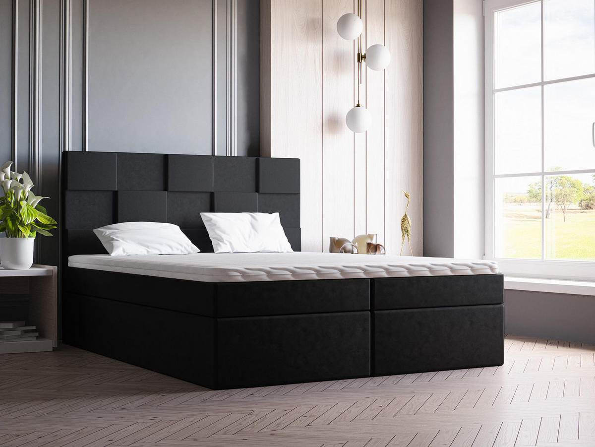 DOPPELBETT mit Matratze 140x200 Berg, Samtstoff, Bettkasten, Schwarz - Schwarz, Holz/Textil (140/200cm) - Emporius