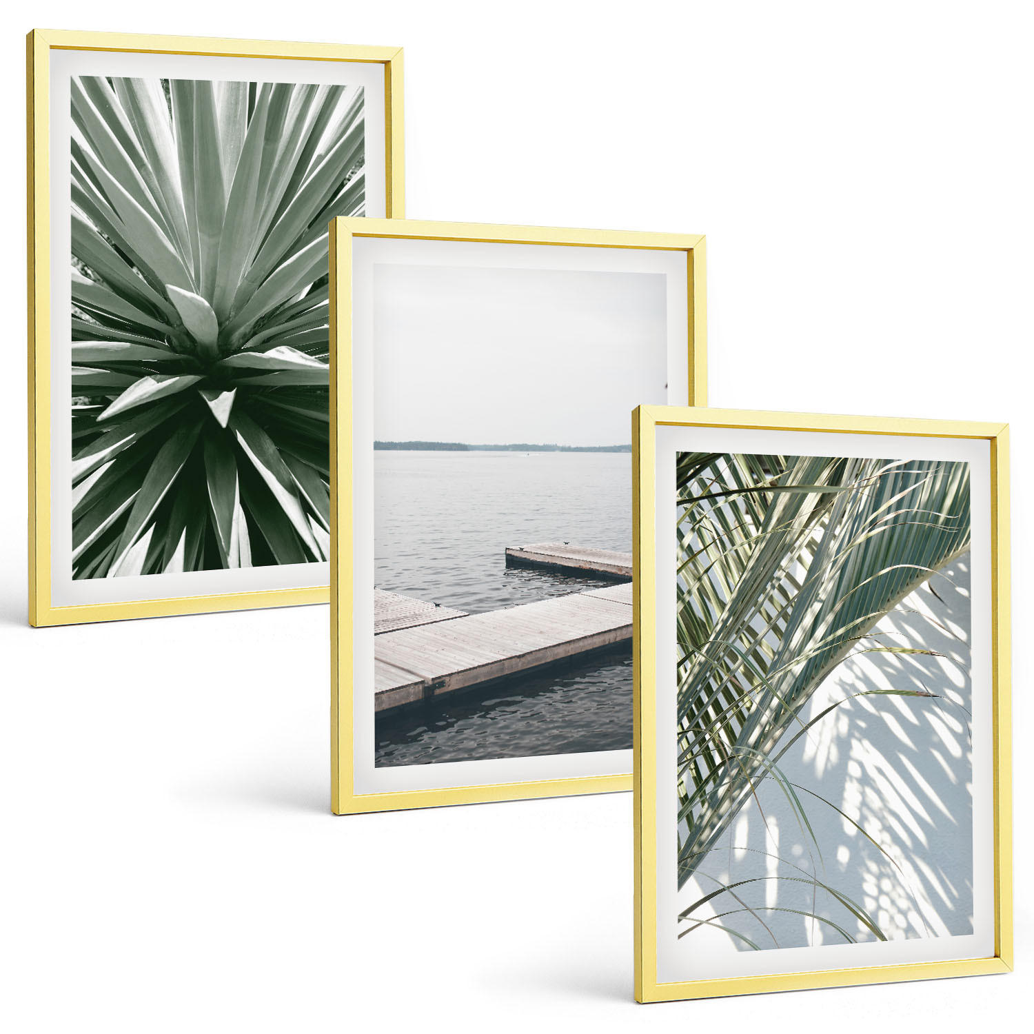BILDER SET 3er Set - 40x60 cm Goldrahmen - Palmenblätter-Holzbrücke - Goldfarben, Kunststoff (40/60cm) - TULUP