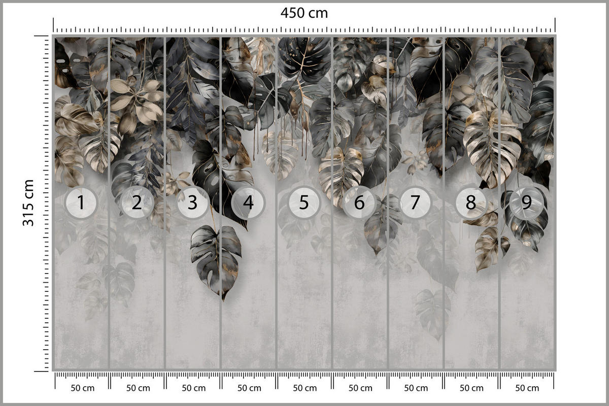 FOTOTAPETE für Wohnzimme Tropenblätter Beton Monstera 450x315 - Gelb/Schwarz, Papier (450/315cm) - Muralo