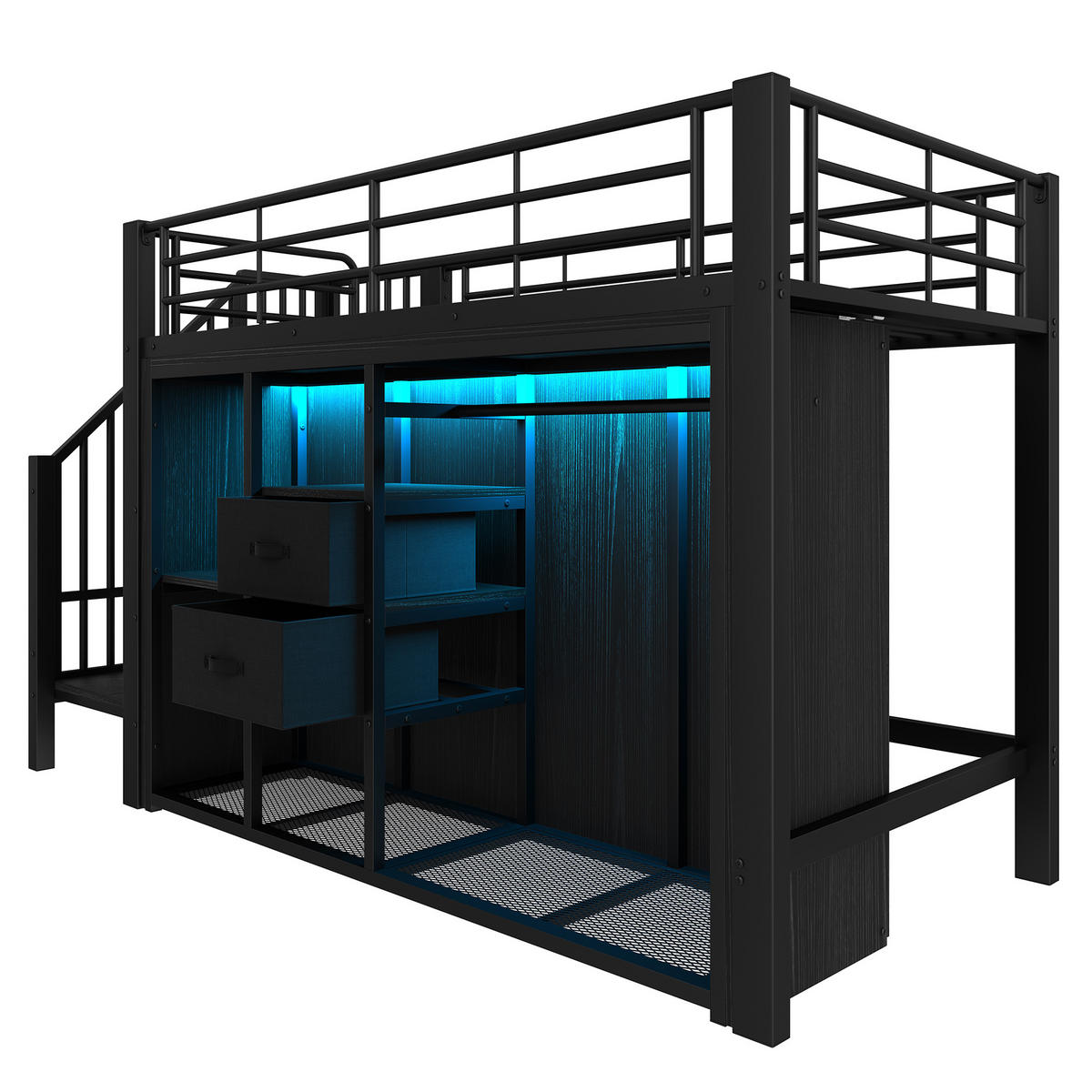 HOCHBETT 90/200 cm Schwarz mit 2 Schubladen und mehrfarbiger LED-Beleuchtung - Schwarz, Metall (90/200cm) - OKWISH