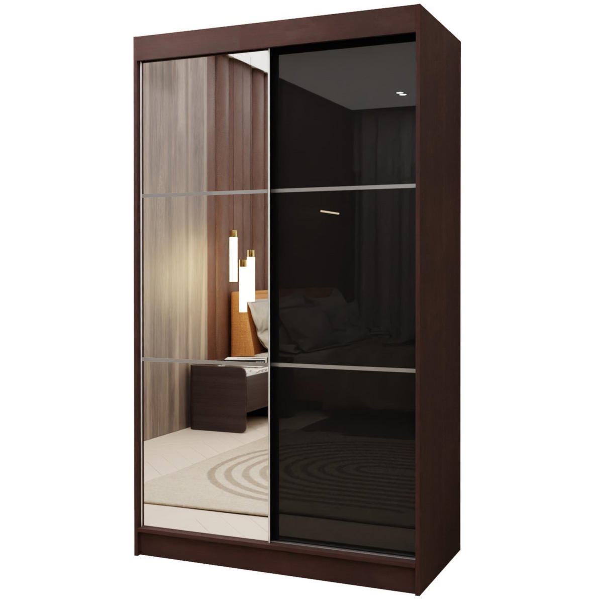 SCHWEBETÜRENSCHRANK VITALE 120/216/61 cm 2-türig mit Spiegel Wengefarben - Wengefarben/Schwarz, Holzwerkstoff (120/216/61cm) - MASSENO