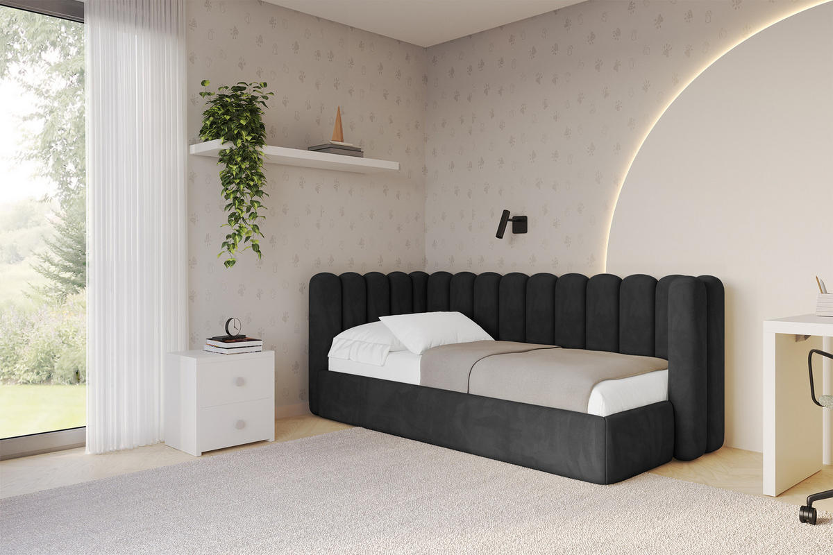 EINZELLBETT Jugendbett mit Bettkasten und Matratze H3/H4, Rechts - HUGY 100x200 Schwarz - Anthrazit, Holzwerkstoff/Textil (100/200cm) - ALTDECOR