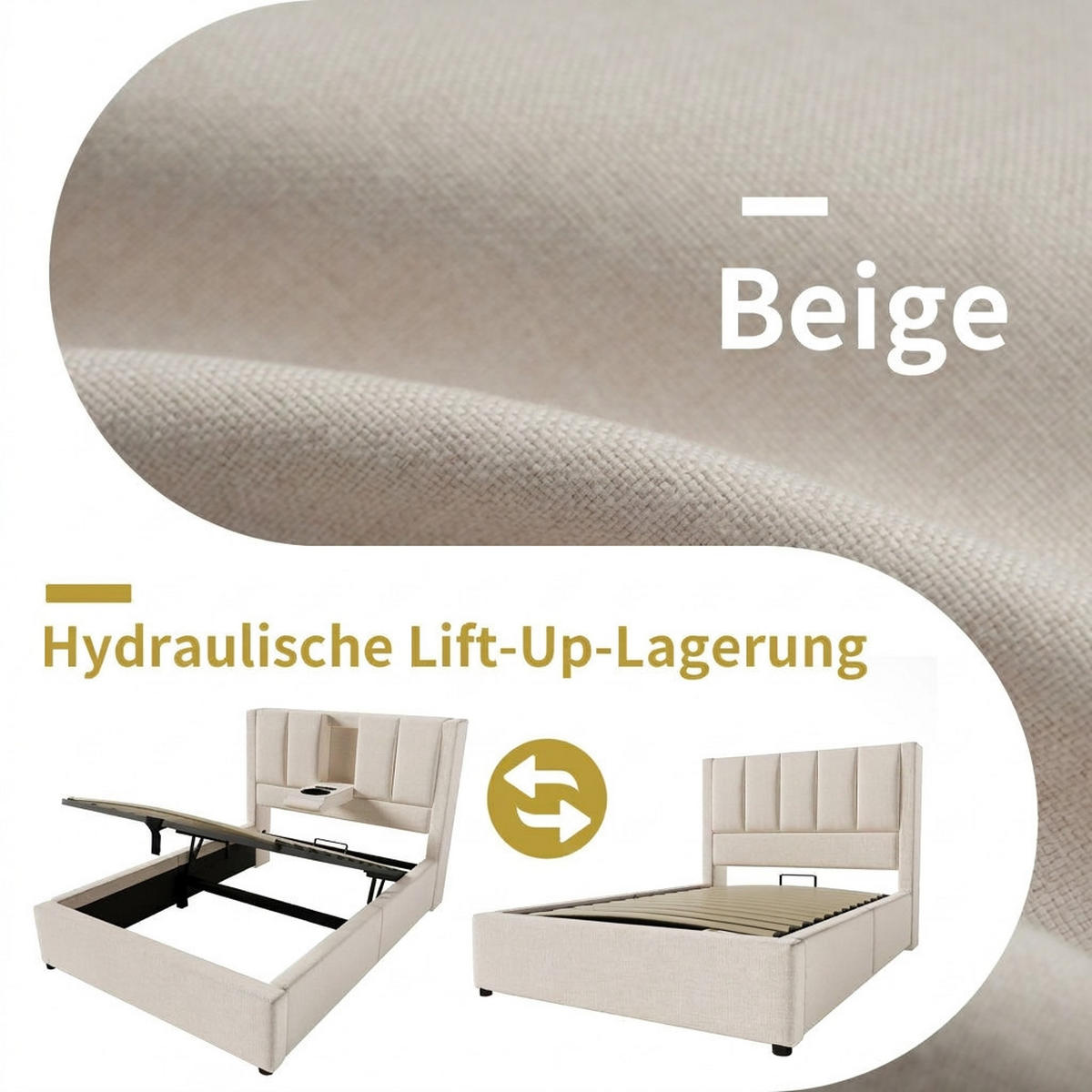 POLSTERBETT 90/200 cm Beige mit verstecktem Becherhalter und Ladestation (Ohne Matratze) - Beige, Textil (90/200cm) - Oxeza