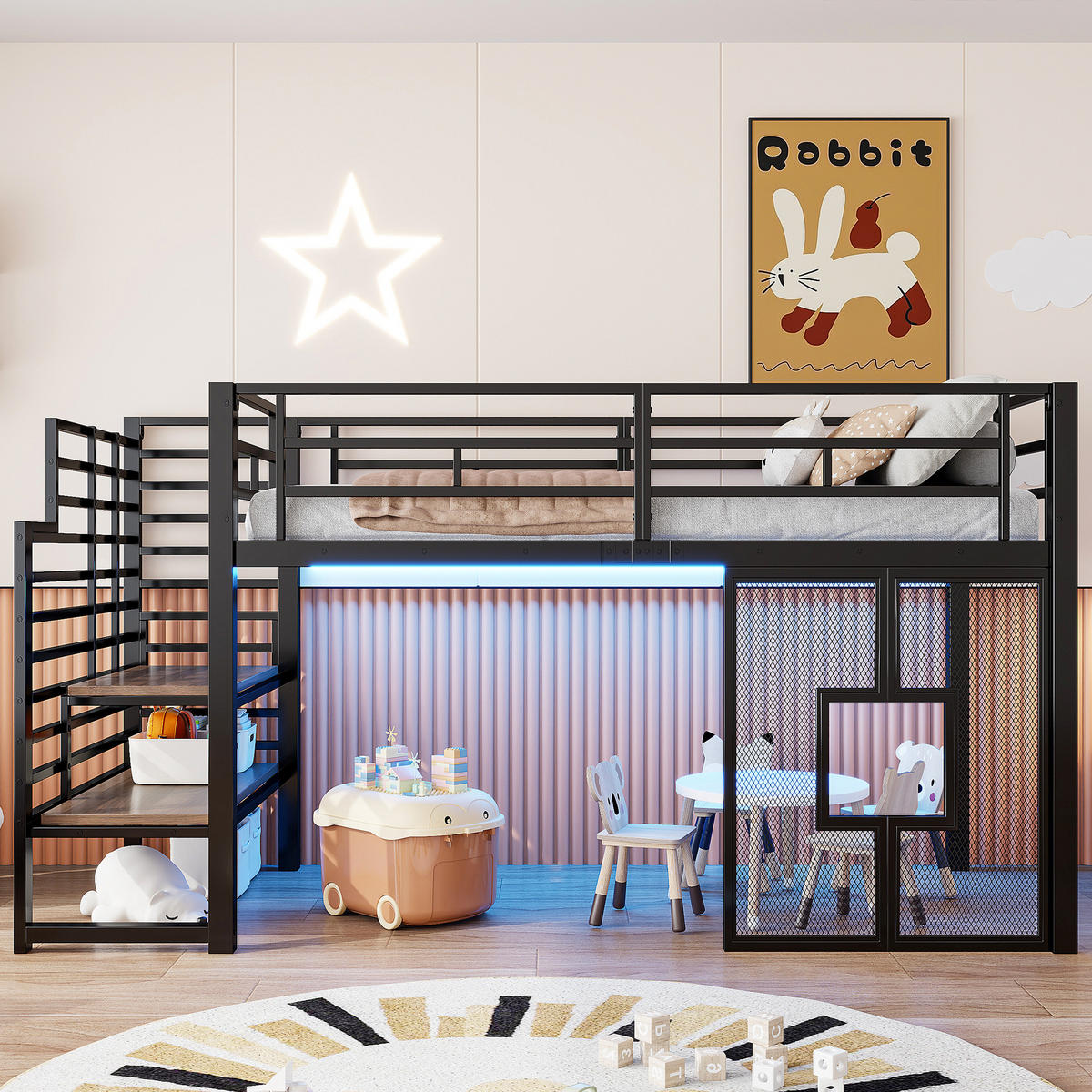HOCHBETT 90/200 cm in Schwarz mit Stauraumtreppe, LED und Fenstern - Schwarz, Holzwerkstoff/Metall (90/200cm) - STILVORA