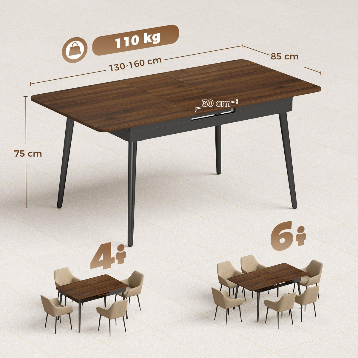 AUSZIEHBARER-ESSTISCH MDF Walnuss - Walnussfarben/Schwarz, Holzwerkstoff/Metall (160/85/75cm) - HOMCOM