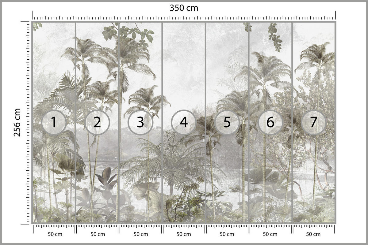 FOTOTAPETE für Wohnzimmer Tropische Bäume Fluss Grau Palmen 350x256 - Beige/Grau, Papier (350/256cm) - Muralo