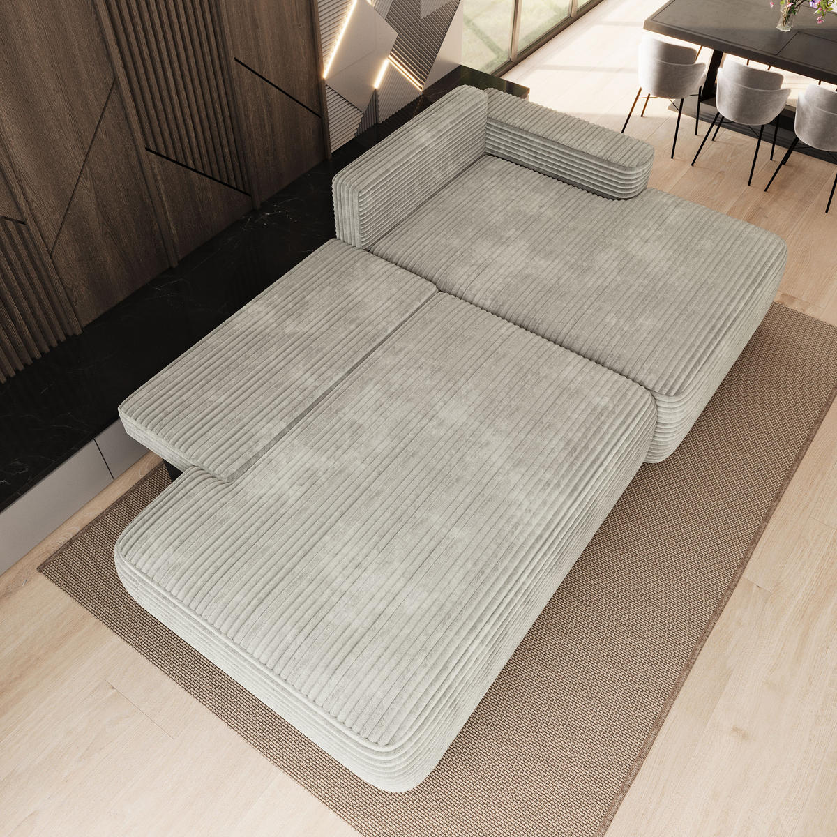 ECKSOFA AVINI T R-S Hellgrau Kordstoff mit Schlaffunktion - Hellgrau, Holzwerkstoff/Textil (277/160cm) - MASSENO