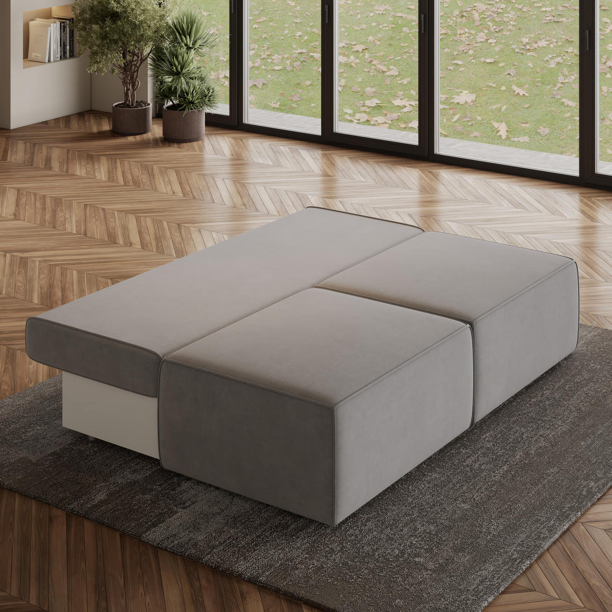 ECKSOFA VARNA M Hellgrau Velours-Stoff mit Schlaffunktion - Hellgrau, Holz (196/158cm) - MASSENO