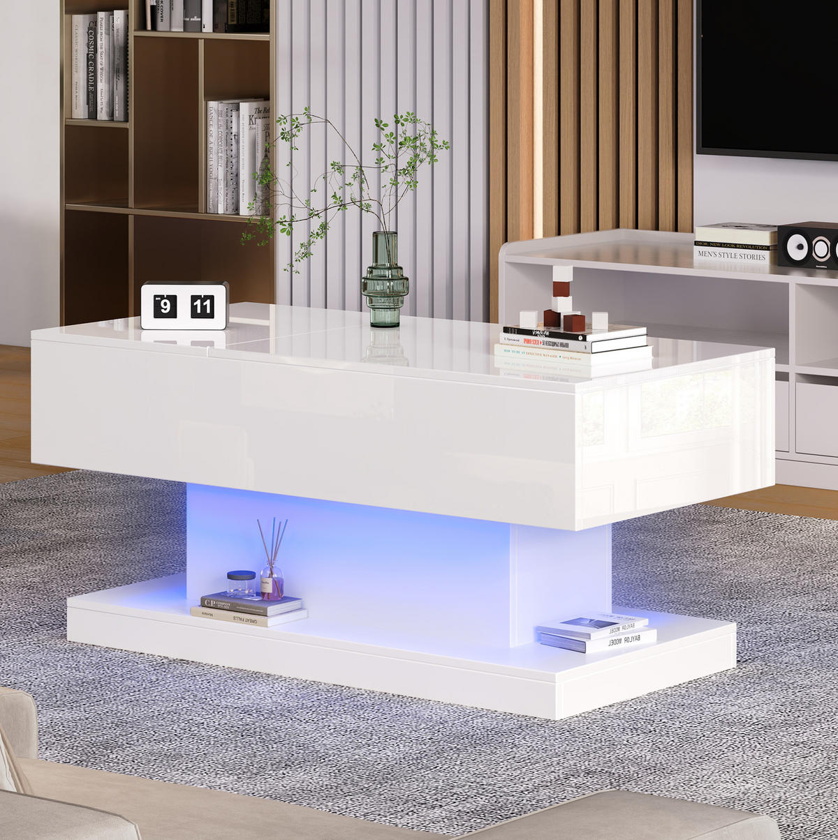 COUCHTISCH aus Spanplatte 100x50x45 cm in Weiß mit Liftfunktion & LED - Weiß, Holzwerkstoff (100/50/45cm) - Modfu