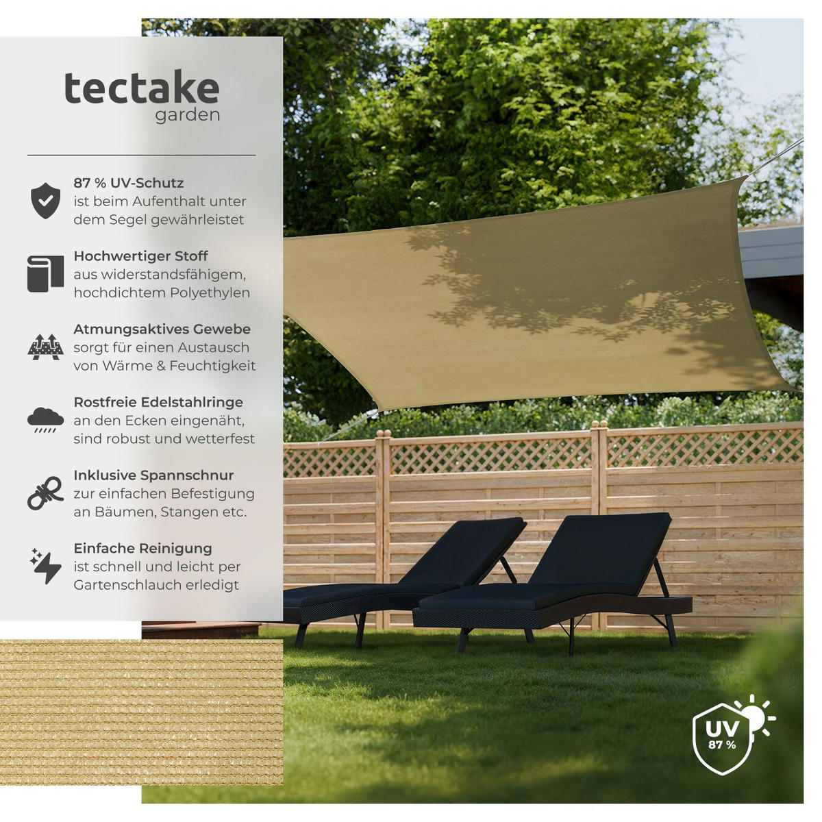 SONNENSEGEL Sunny,umfangreiches Montagematerial,Sand - Sandfarben, Kunststoff (400/200cm) - tectake